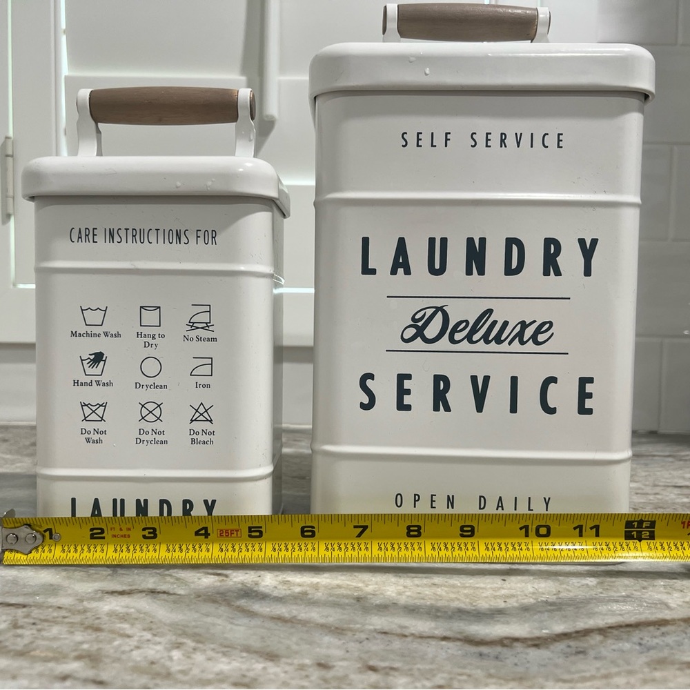 Vintage-Inspired White Laundry Canister Set with Navy Lettering - Picture 5 of 9